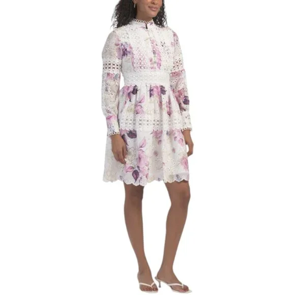 Dalia Macphee | Dresses | Dalia Macphee Long Sleeve Floral Eyelet Lace Trim  Mini Dress | Poshmark